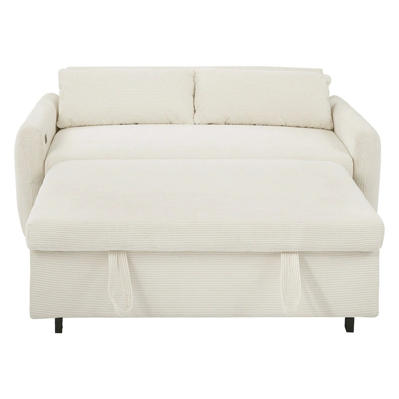 Roomfitters Pull-Out Sofa Bed Convertible 2-Seat Loveseat with Throw Pillows and USB Ports, Modern Sleeper Sofa, Beige