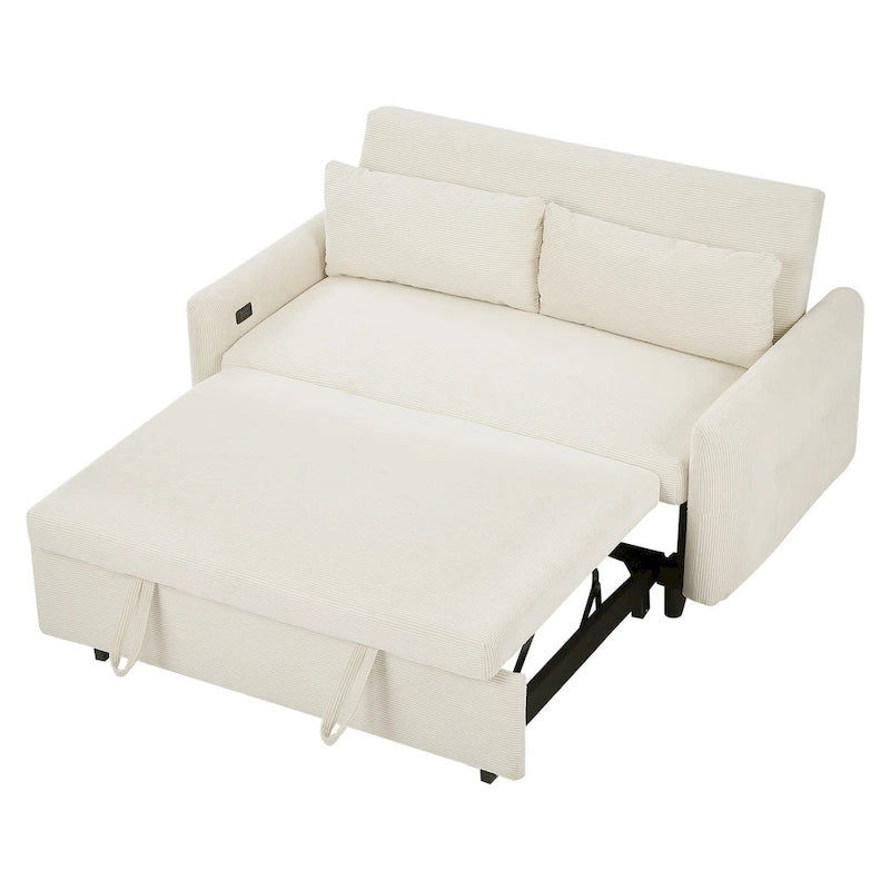 Roomfitters Pull-Out Sofa Bed Convertible 2-Seat Loveseat with Throw Pillows and USB Ports, Modern Sleeper Sofa, Beige