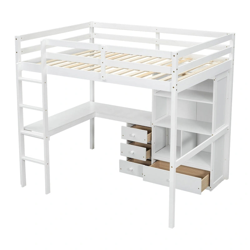 Full Size Wood Loft Bed with L Shaped Desk,Storage Shelves and Drawers