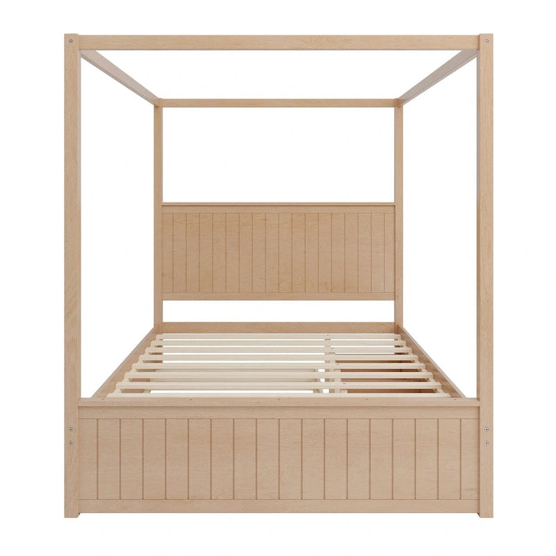 Queen Size Platform Canopy Bed with Trundle Bed and 3 Drawers Storage Bed, 4-post Solid Wood Bed Frame with Wingback Headboard