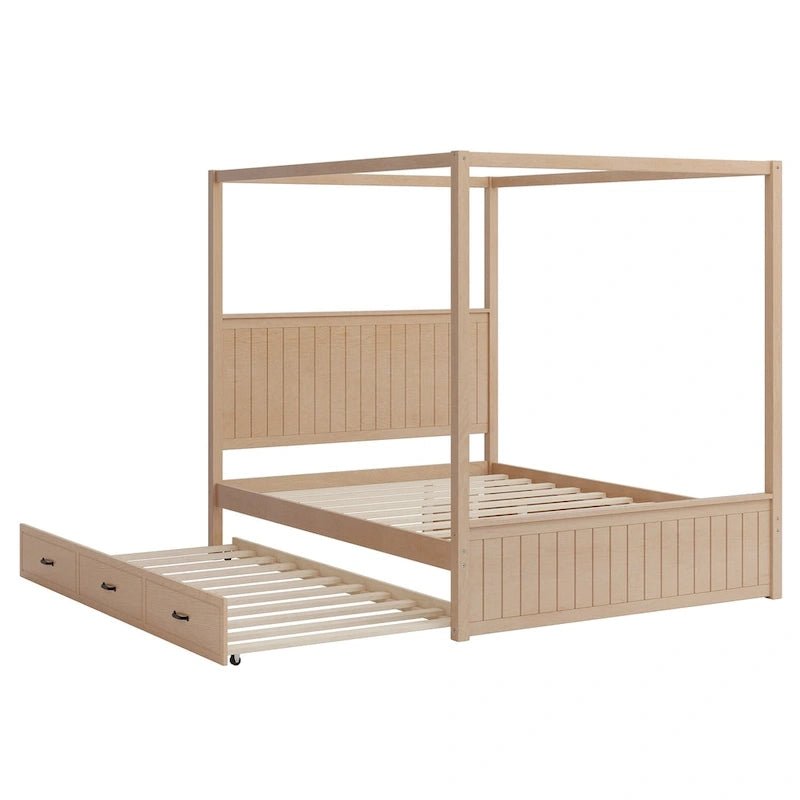 Queen Size Platform Canopy Bed with Trundle Bed and 3 Drawers Storage Bed, 4-post Solid Wood Bed Frame with Wingback Headboard