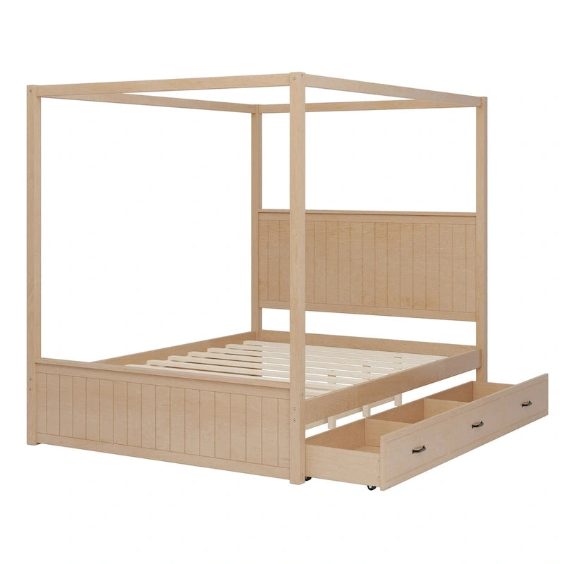 Queen Size Platform Canopy Bed with Trundle Bed and 3 Drawers Storage Bed, 4-post Solid Wood Bed Frame with Wingback Headboard