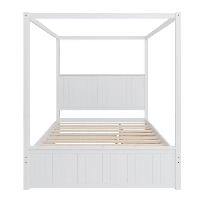 Queen Size Platform Canopy Bed with Trundle Bed and 3 Drawers Storage Bed, 4-post Solid Wood Bed Frame with Wingback Headboard