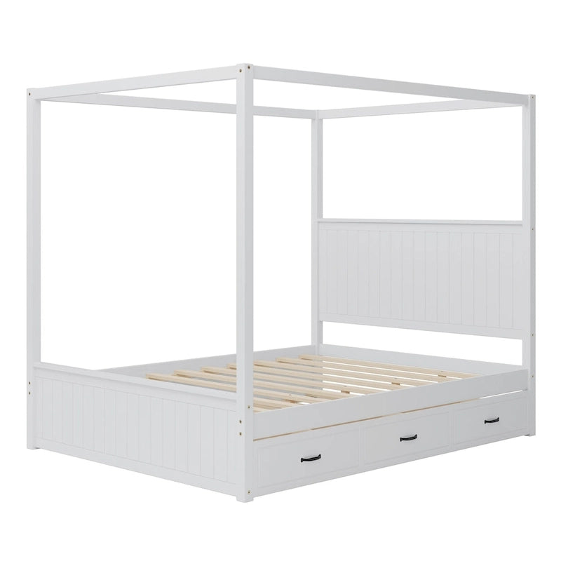 Queen Size Platform Canopy Bed with Trundle Bed and 3 Drawers Storage Bed, 4-post Solid Wood Bed Frame with Wingback Headboard
