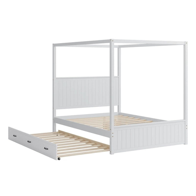 Queen Size Platform Canopy Bed with Trundle Bed and 3 Drawers Storage Bed, 4-post Solid Wood Bed Frame with Wingback Headboard