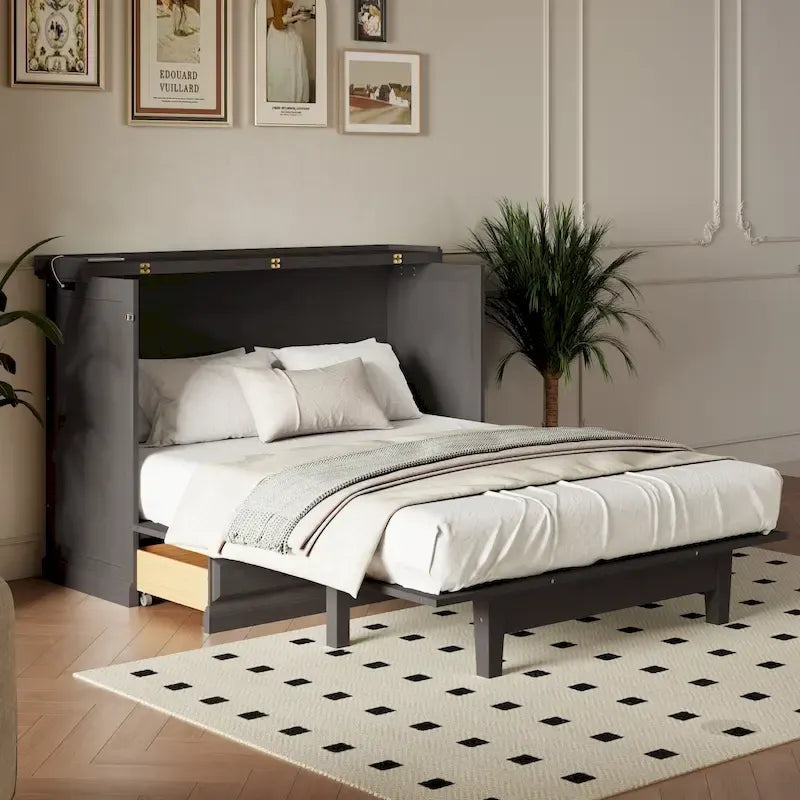 Lit escamotable style ferme, meuble coffre convertible gain de place avec grands tiroirs et station de charge, lit plateforme pliable