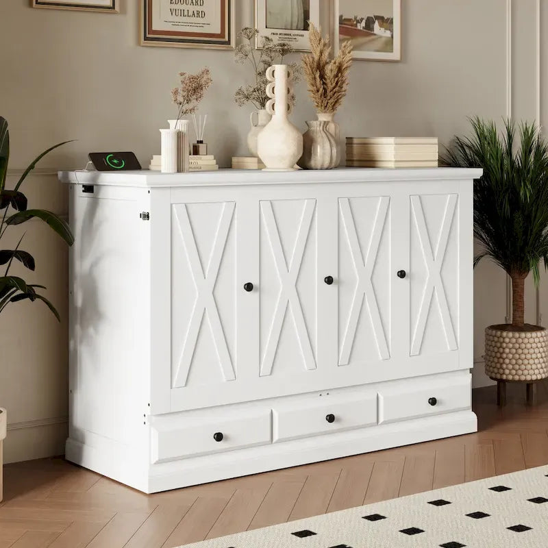 Farmhouse Murphy Bed Convertible Space-Saving Cube Chest Cabinet with Large Drawers and Charging Station, Foldable Platform Bed