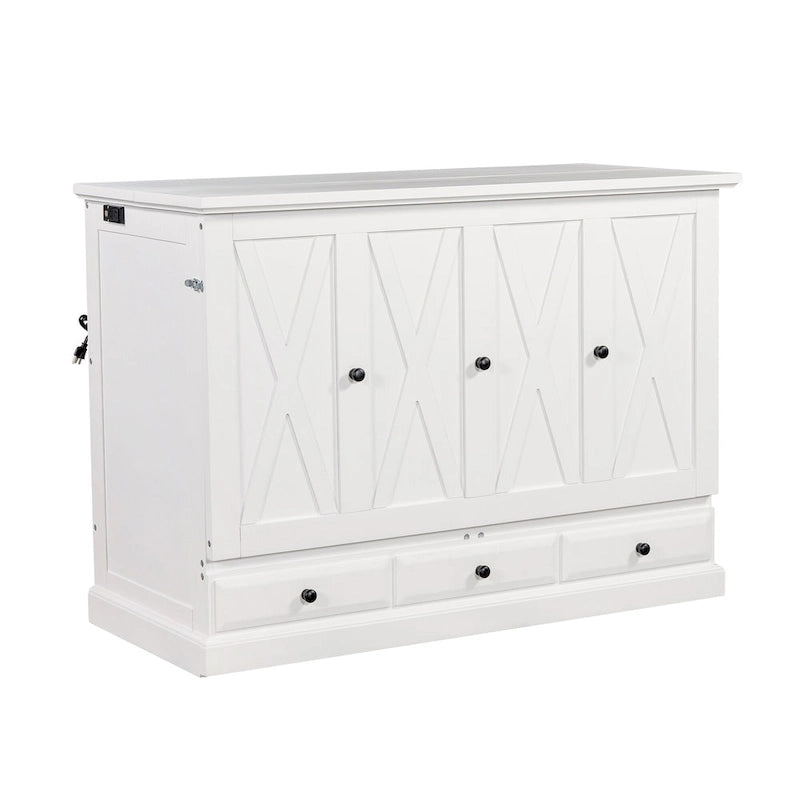 Farmhouse Murphy Bed Convertible Space-Saving Cube Chest Cabinet with Large Drawers and Charging Station, Foldable Platform Bed