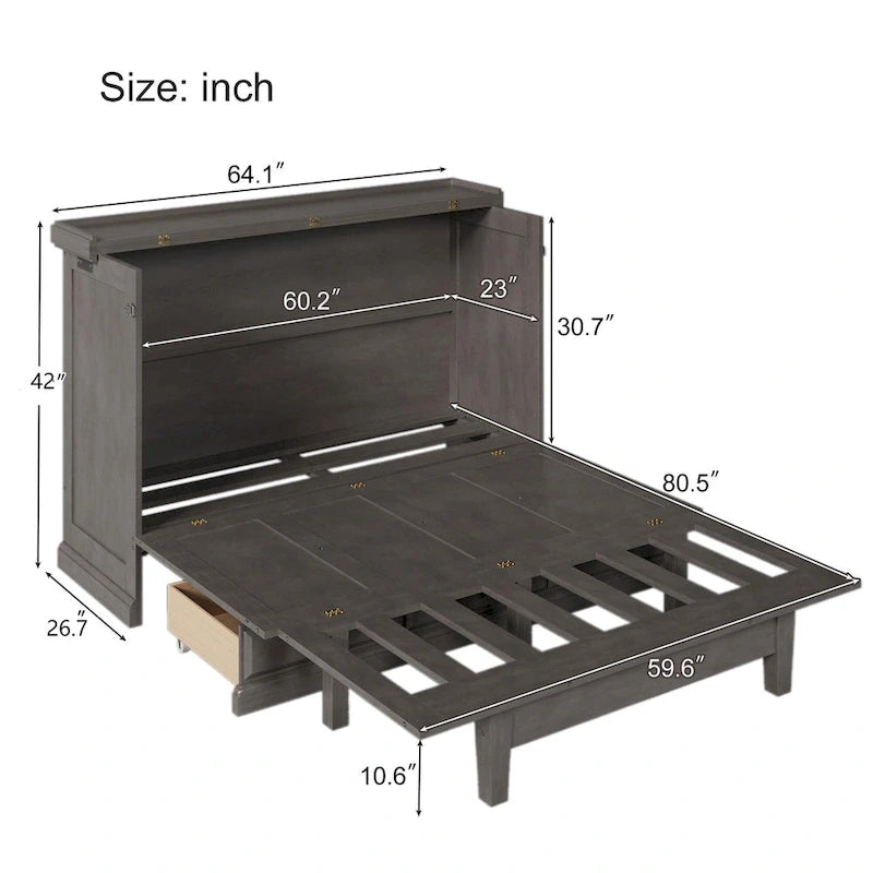 Farmhouse Murphy Bed Convertible Space-Saving Cube Chest Cabinet with Large Drawers and Charging Station, Foldable Platform Bed