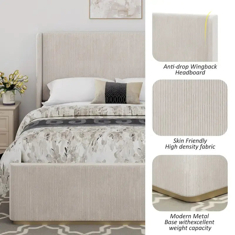 King Size Corduroy Upholstered Bed with 47 Wingback Headboard with Metal/Wood Frame (No Box Spring Needed)