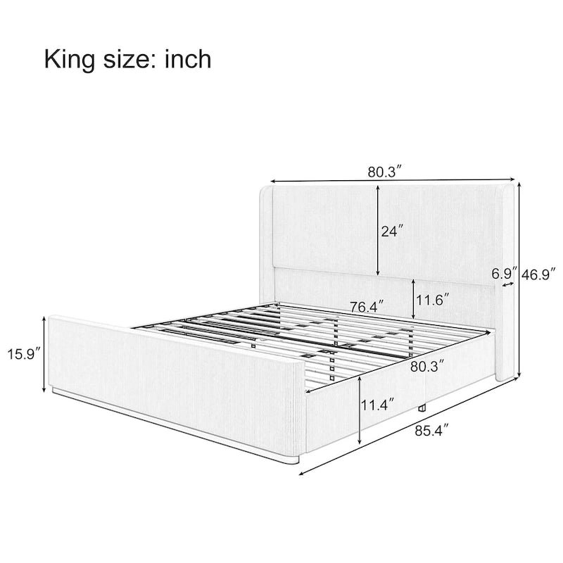 King Size Corduroy Upholstered Bed with 47 Wingback Headboard with Metal/Wood Frame (No Box Spring Needed)