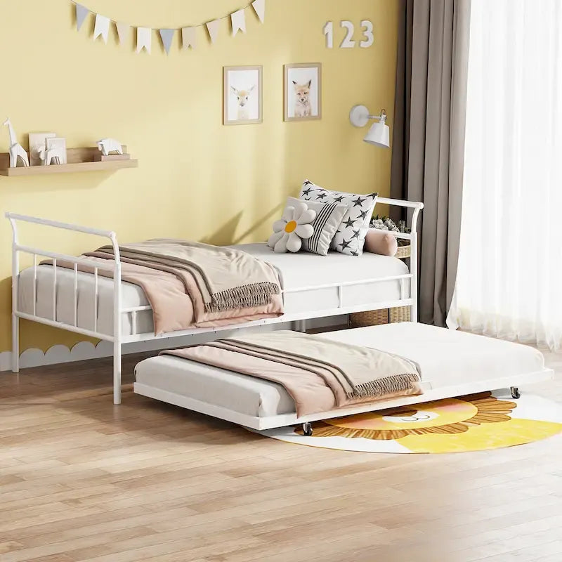 Twin Size Metal Daybed with Curved Handle and Trundle