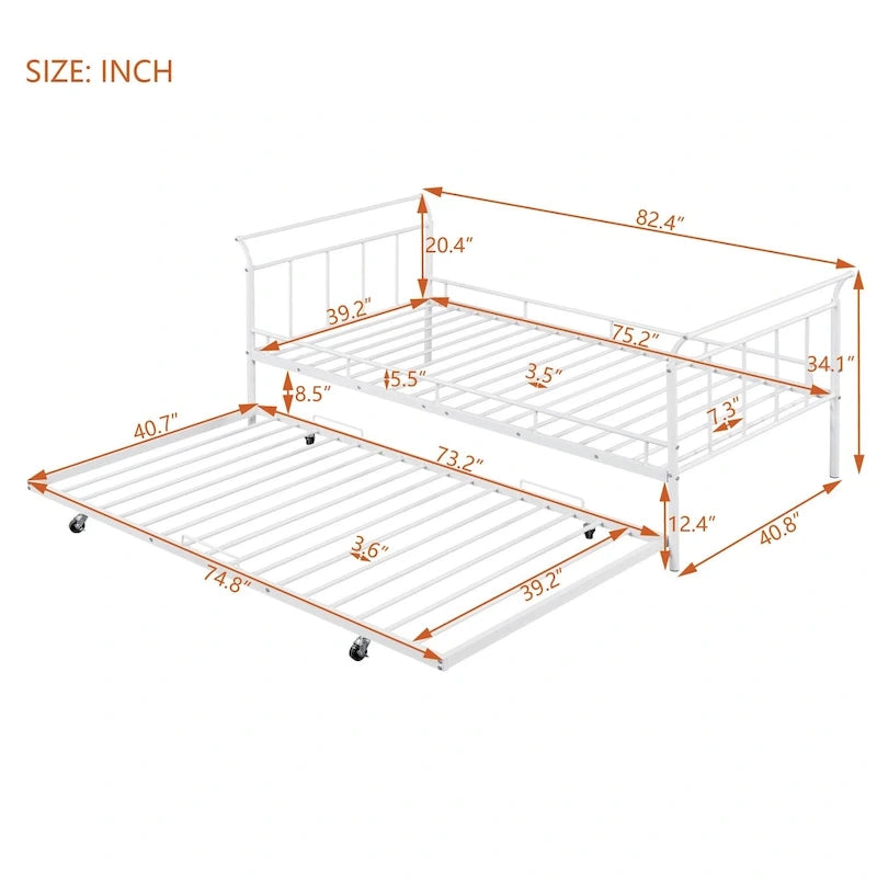 Twin Size Metal Daybed with Curved Handle and Trundle