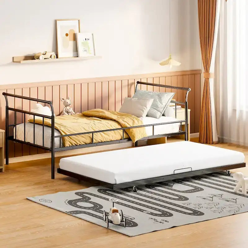 Twin Size Metal Daybed with Curved Handle and Trundle