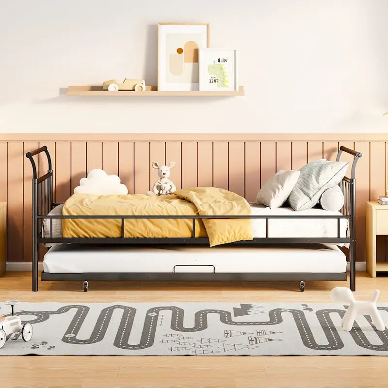 Twin Size Metal Daybed with Curved Handle and Trundle
