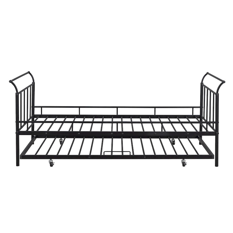 Twin Size Metal Daybed with Curved Handle and Trundle