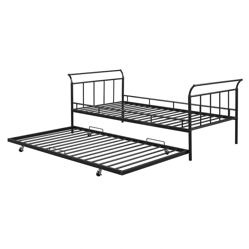 Twin Size Metal Daybed with Curved Handle and Trundle