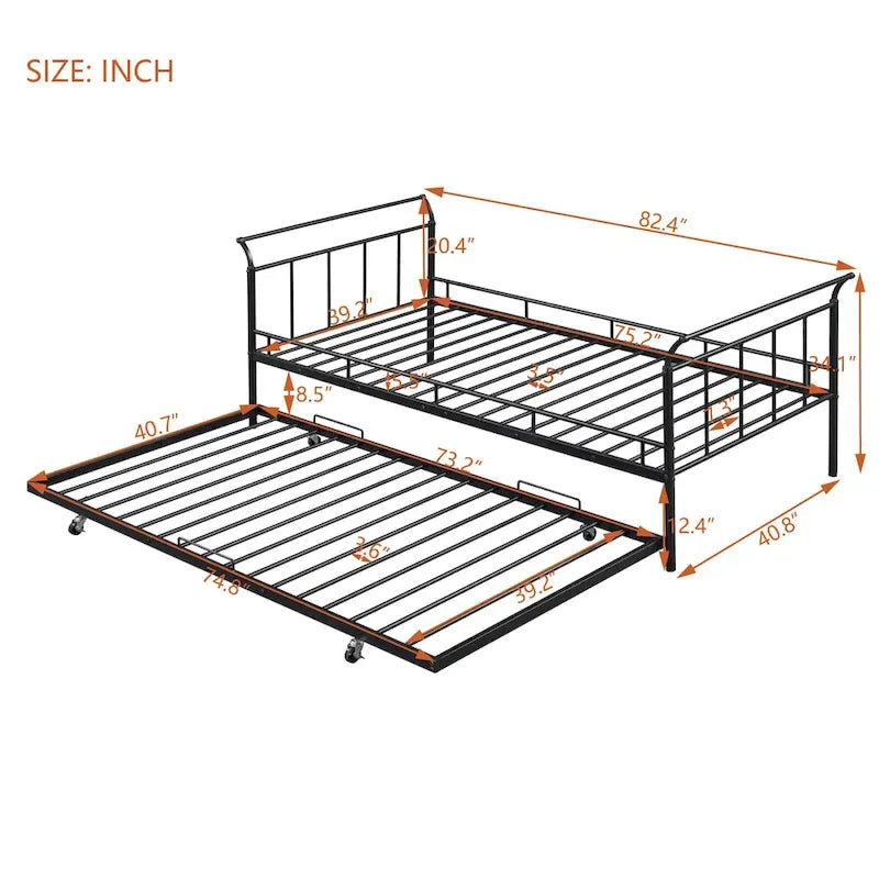 Twin Size Metal Daybed with Curved Handle and Trundle