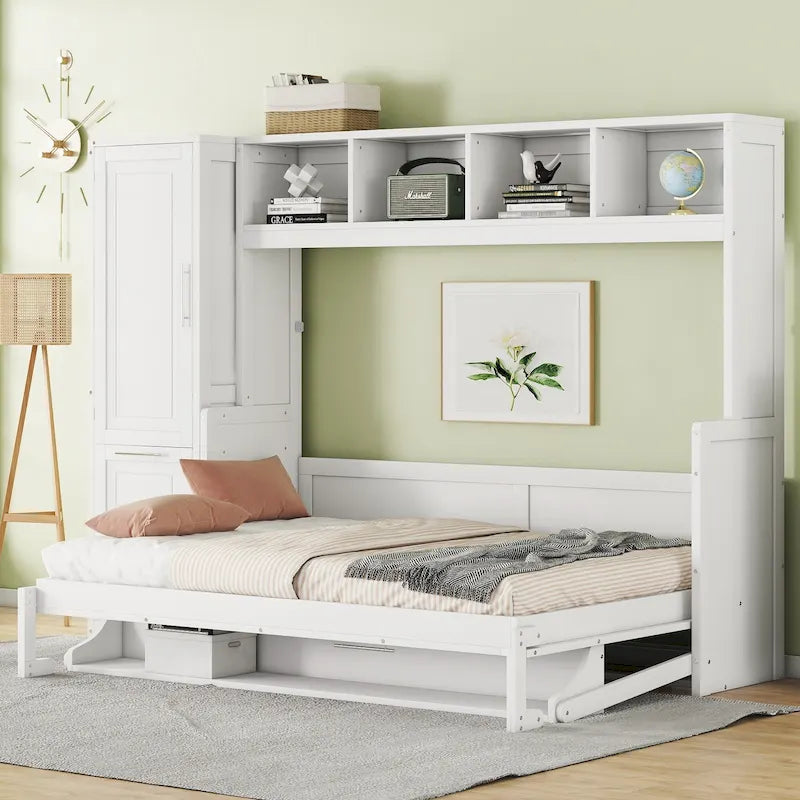 Full Size Murphy Bed with The Built-in top Shelf,Closet and Two Storage Drawers for Bedroom