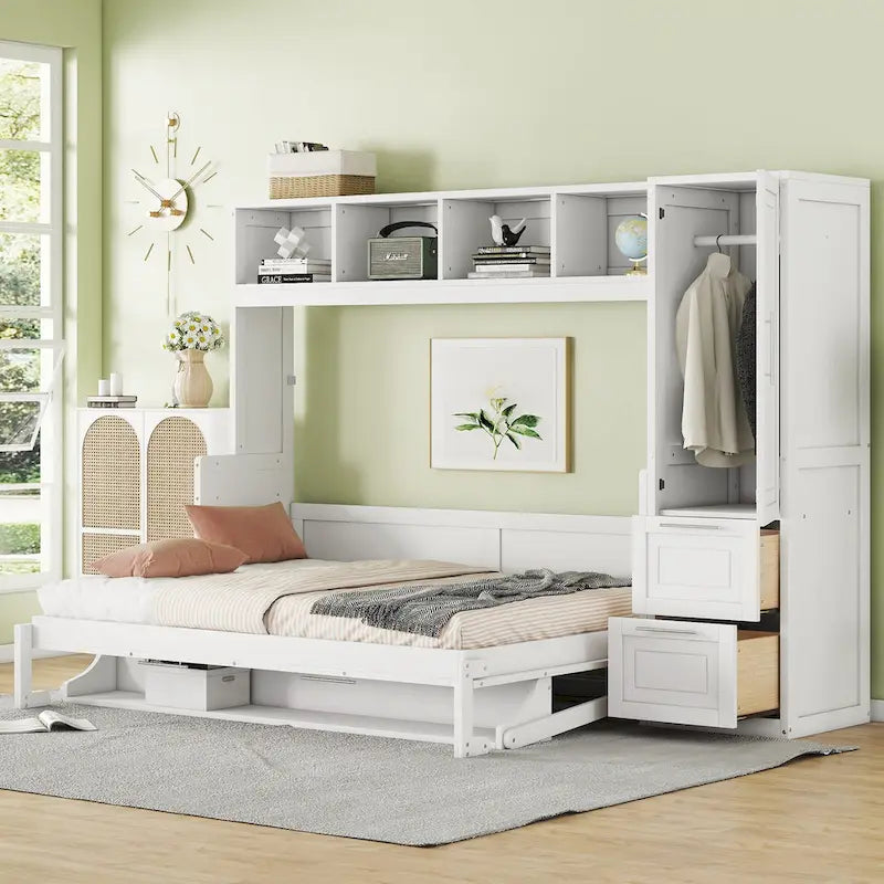 Full Size Murphy Bed with The Built-in top Shelf,Closet and Two Storage Drawers for Bedroom