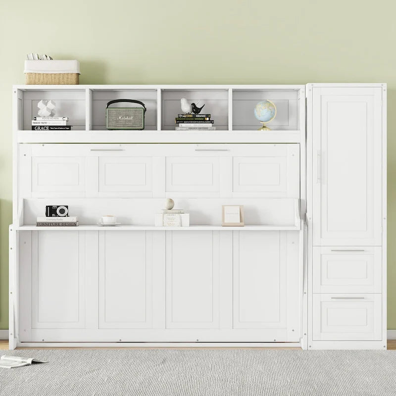 Full Size Murphy Bed with The Built-in top Shelf,Closet and Two Storage Drawers for Bedroom