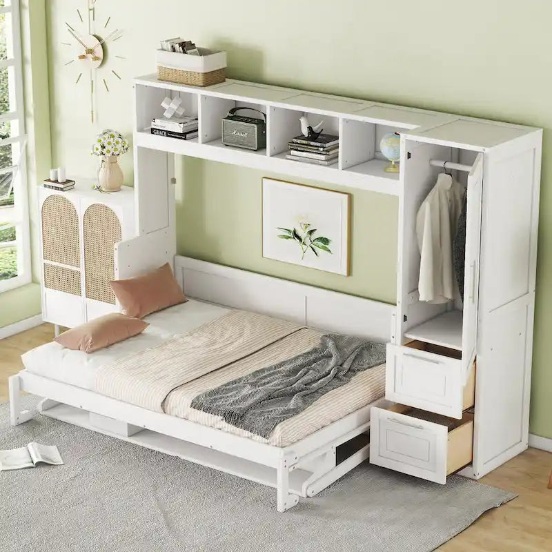 Full Size Murphy Bed with The Built-in top Shelf,Closet and Two Storage Drawers for Bedroom