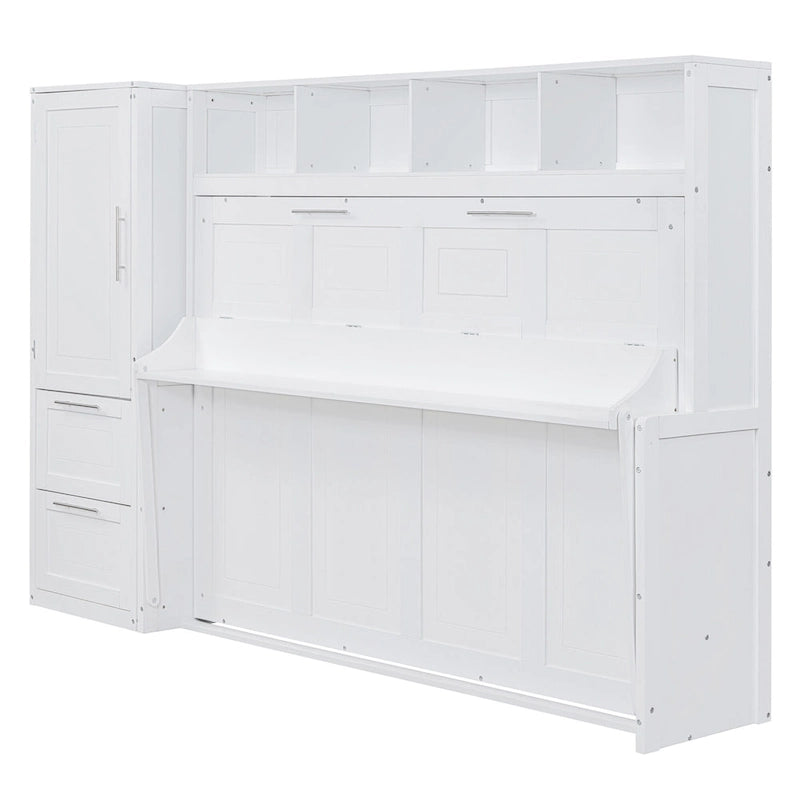 Full Size Murphy Bed with The Built-in top Shelf,Closet and Two Storage Drawers for Bedroom