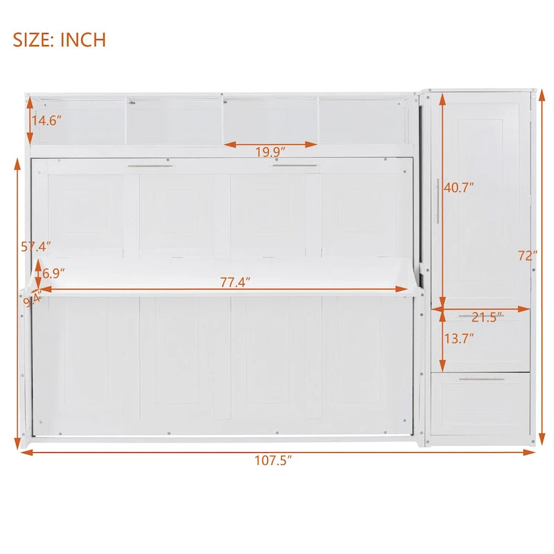 Full Size Murphy Bed with The Built-in top Shelf,Closet and Two Storage Drawers for Bedroom