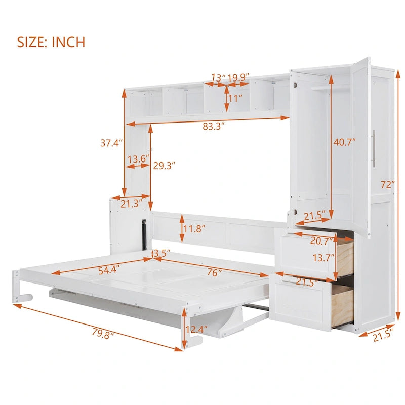 Full Size Murphy Bed with The Built-in top Shelf,Closet and Two Storage Drawers for Bedroom