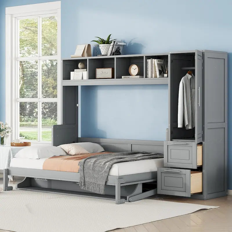 Full Size Murphy Bed with The Built-in top Shelf,Closet and Two Storage Drawers for Bedroom