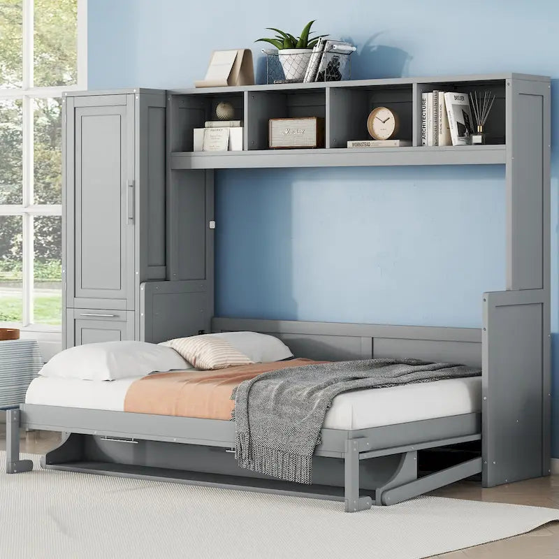 Full Size Murphy Bed with The Built-in top Shelf,Closet and Two Storage Drawers for Bedroom