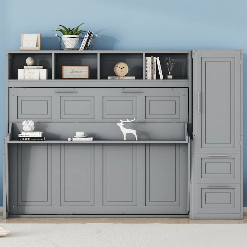 Full Size Murphy Bed with The Built-in top Shelf,Closet and Two Storage Drawers for Bedroom
