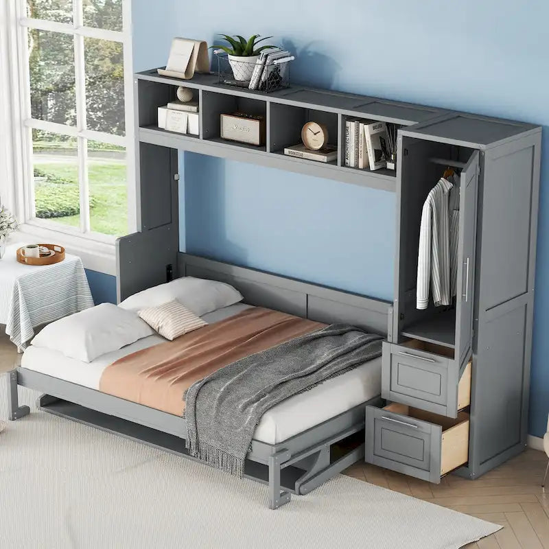 Full Size Murphy Bed with The Built-in top Shelf,Closet and Two Storage Drawers for Bedroom