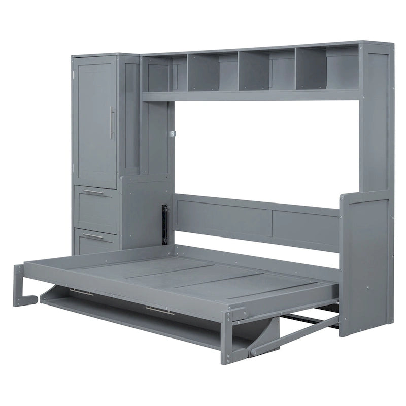 Full Size Murphy Bed with The Built-in top Shelf,Closet and Two Storage Drawers for Bedroom