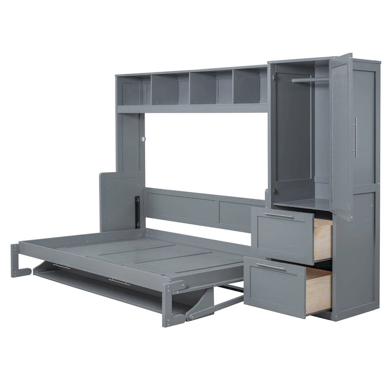 Full Size Murphy Bed with The Built-in top Shelf,Closet and Two Storage Drawers for Bedroom