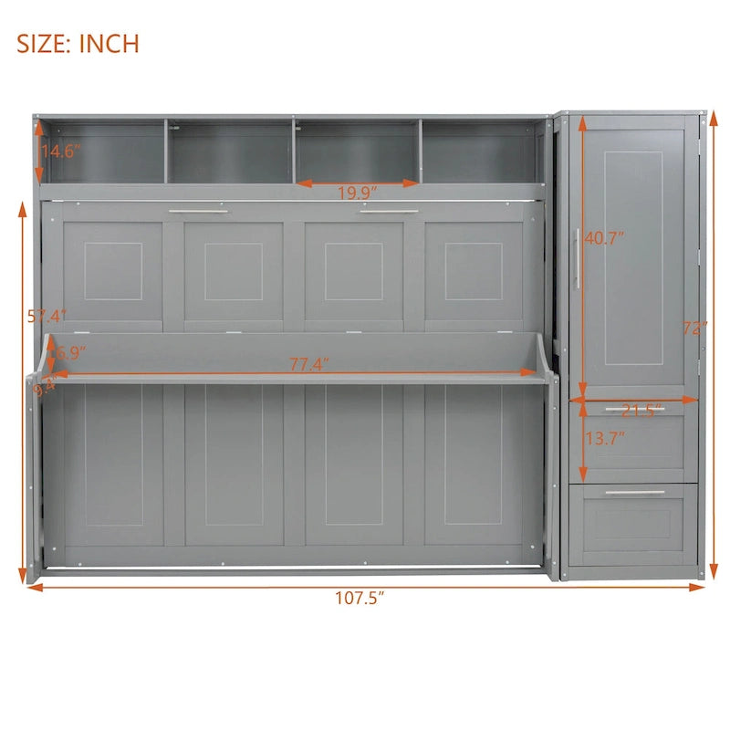 Full Size Murphy Bed with The Built-in top Shelf,Closet and Two Storage Drawers for Bedroom