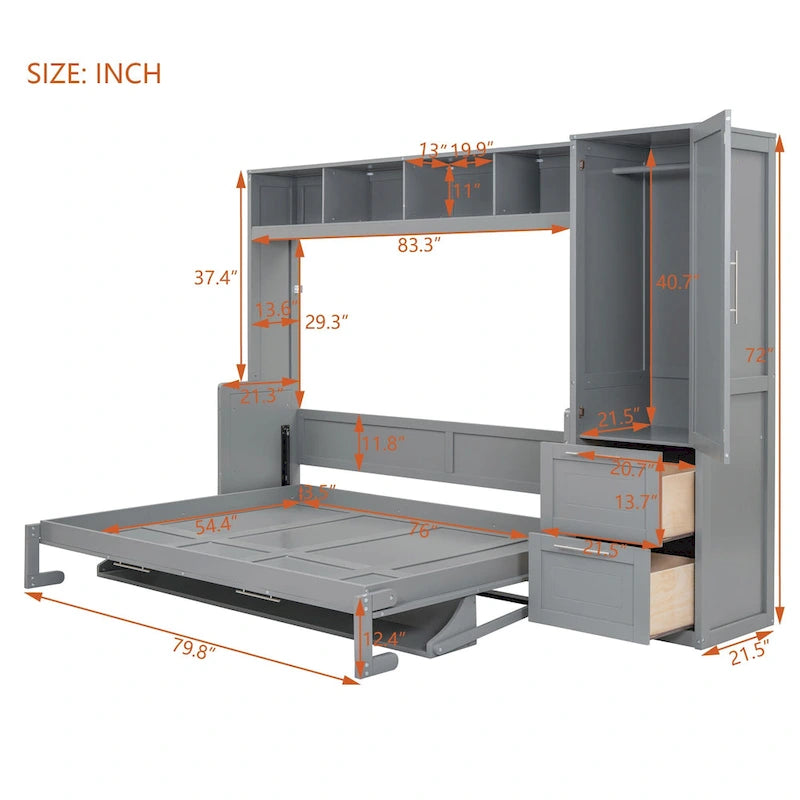 Full Size Murphy Bed with The Built-in top Shelf,Closet and Two Storage Drawers for Bedroom