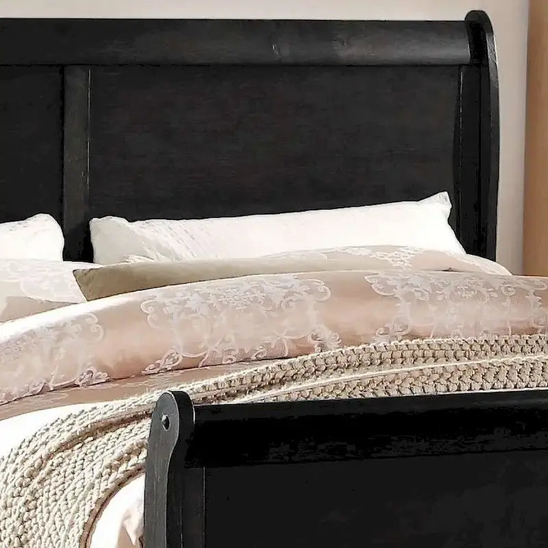 Black King Size Transitional Solid Wood Bed with Veneers and Brass Hardware