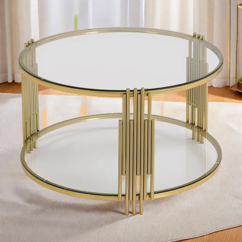 Couchtisch aus gehärtetem Glas, 80 cm, mit asymmetrischem Metalldesign und unterer Ablage