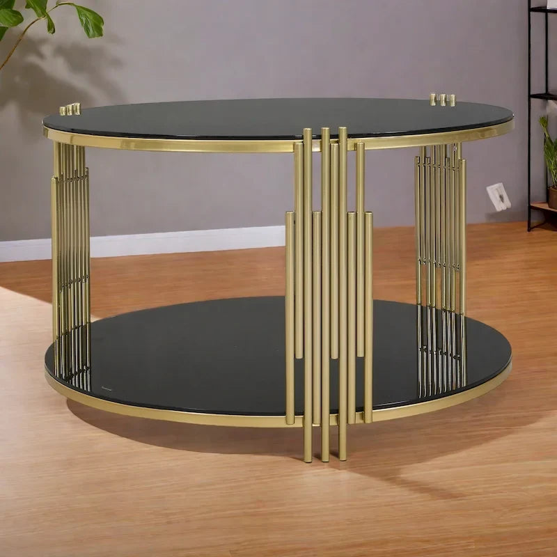 Couchtisch aus gehärtetem Glas, 80 cm, mit asymmetrischem Metalldesign und unterer Ablage
