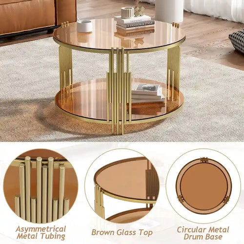31.5" Tempered Glass Coffee Table with Asymmetrical Metal Design and Lower Shelf
