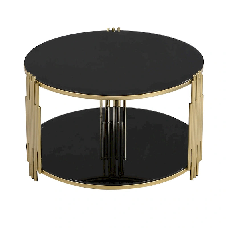 31.5 Tempered Glass Coffee Table with Asymmetrical Metal Design and Lower Shelf