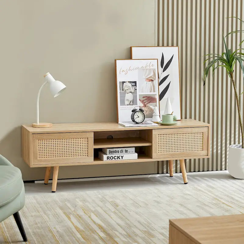 55.12 TV Stand with Double Sliding Doors, Solid Wood Legs and Adjustable Shelf for Living Room