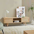 55.12" TV Stand with Double Sliding Doors, Solid Wood Legs and Adjustable Shelf for Living Room