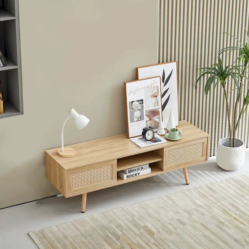 55.12 TV Stand with Double Sliding Doors, Solid Wood Legs and Adjustable Shelf for Living Room