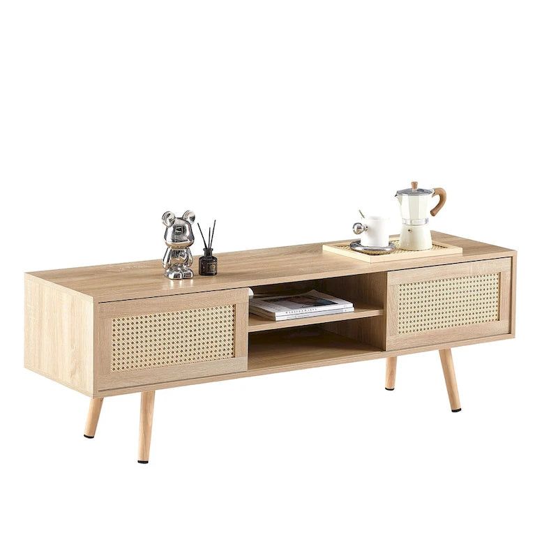 55.12 TV Stand with Double Sliding Doors, Solid Wood Legs and Adjustable Shelf for Living Room
