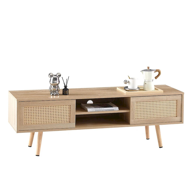 55.12 TV Stand with Double Sliding Doors, Solid Wood Legs and Adjustable Shelf for Living Room