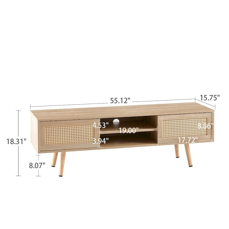 55.12 TV Stand with Double Sliding Doors, Solid Wood Legs and Adjustable Shelf for Living Room