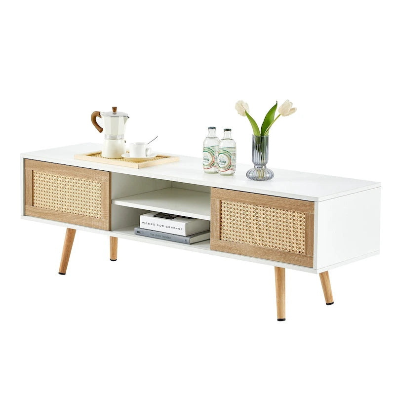55.12 TV Stand with Double Sliding Doors, Solid Wood Legs and Adjustable Shelf for Living Room