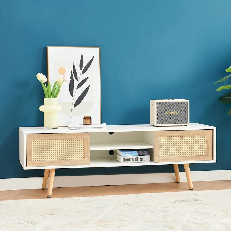 55.12 TV Stand with Double Sliding Doors, Solid Wood Legs and Adjustable Shelf for Living Room